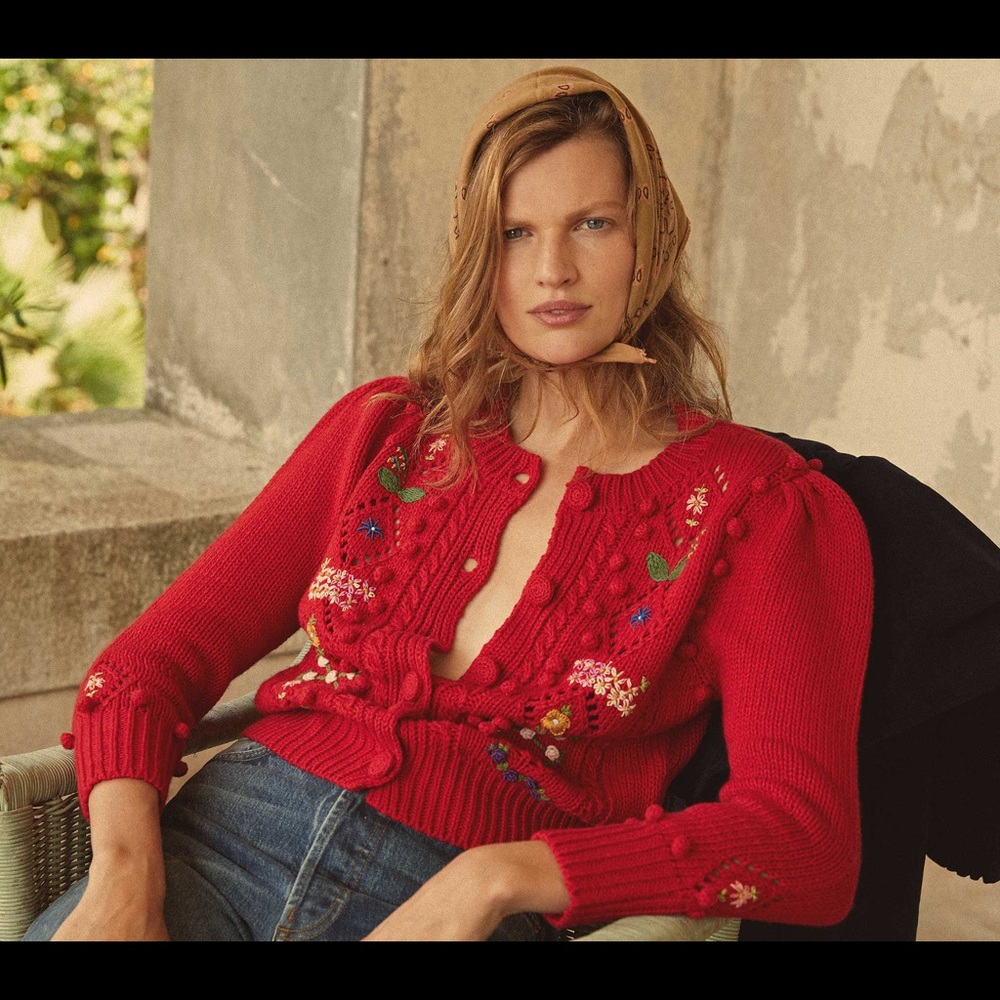 DÔEN Forget-Me-Not Red CARDIGAN Sweater XL